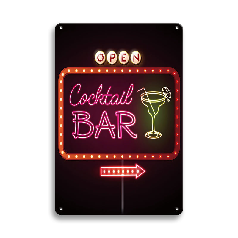 Vintage Neon Cocktail Bar Open Sign - Metal Sign