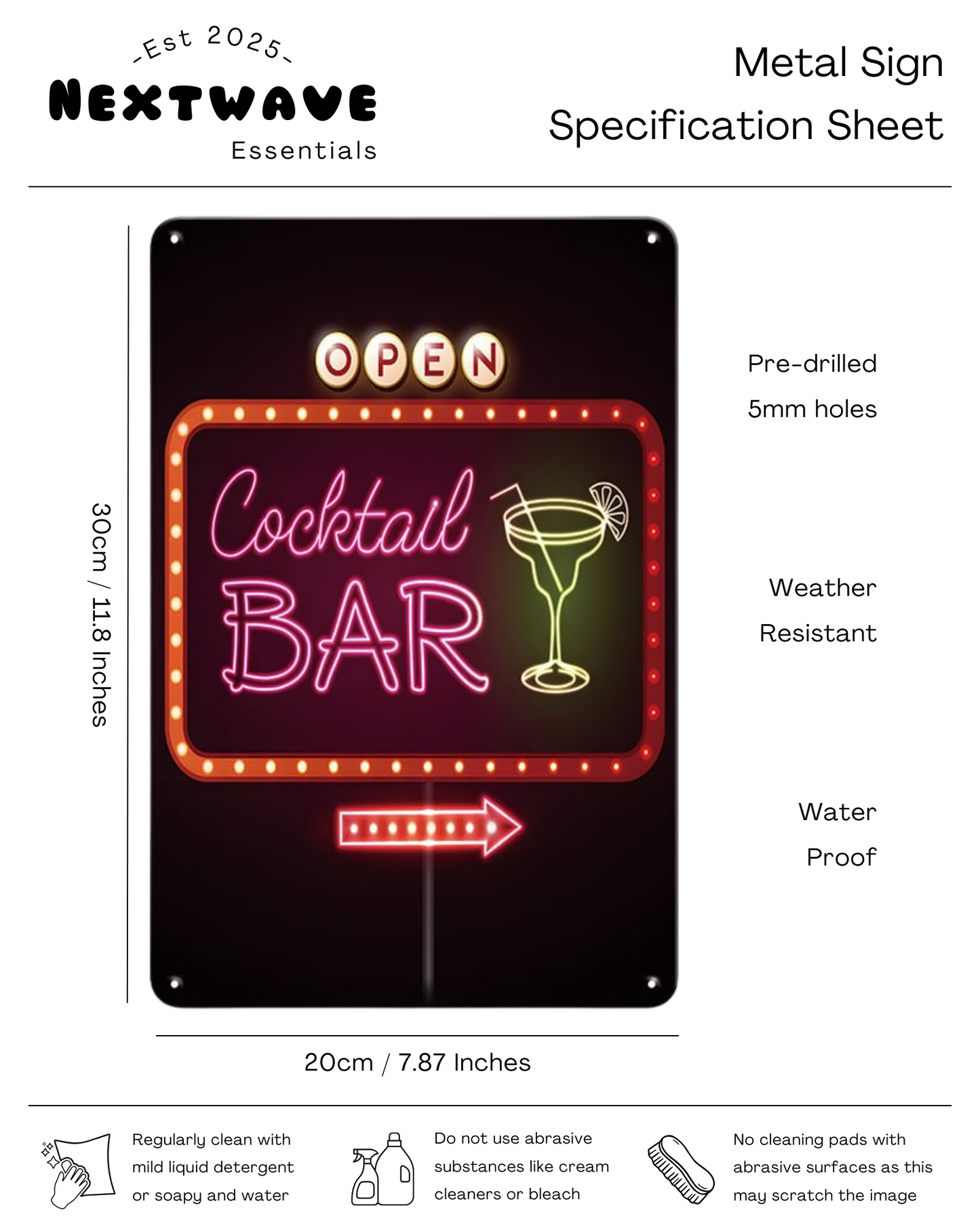 Vintage Neon Cocktail Bar Open Sign - Metal Sign
