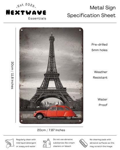 Paris Eiffel Tower Vintage Car - Metal Sign