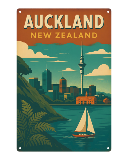 Auckland Skyline Retro Travel Art – Metal Sign