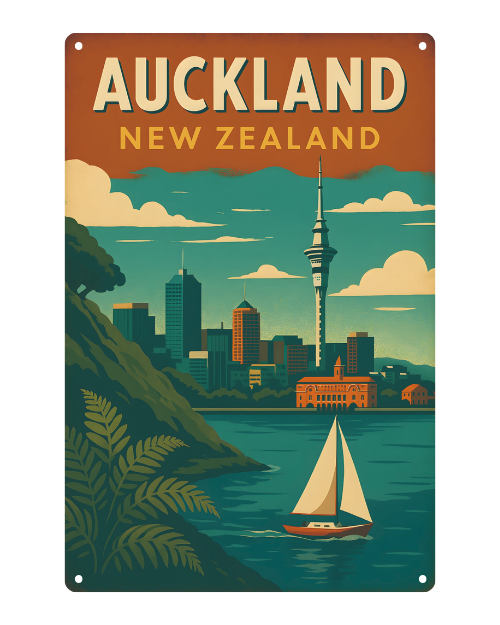 Auckland Skyline Retro Travel Art – Metal Sign