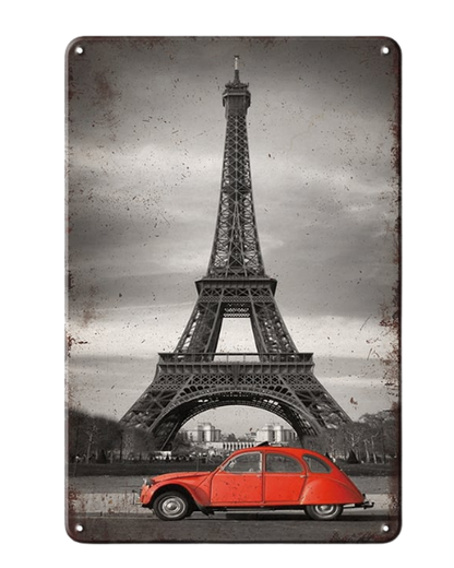 Paris Eiffel Tower Vintage Car - Metal Sign