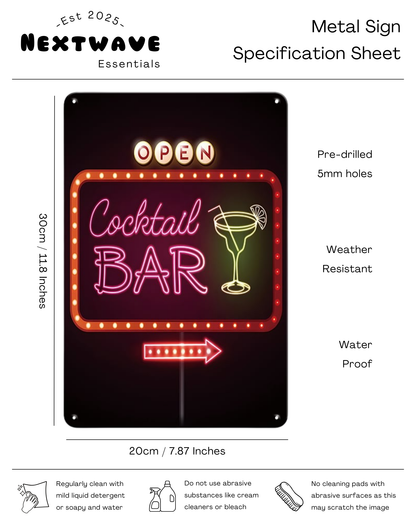 Vintage Neon Cocktail Bar Open Sign - Metal Sign